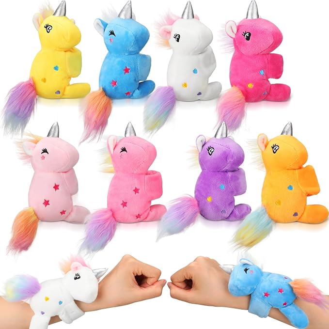 Liliful 8 Pack Kids Plush Gifts Stuffed Animal Cat Slap Bracelets - 8 Inch Back to School Prize Box Toys Wrist Cute Snap Birthday Rewards for Boys Girls Child Pet Adoption Party Favors(Unicorn)