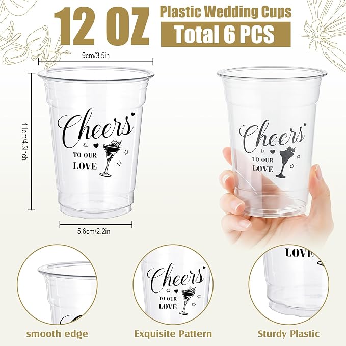 Wedding Plastic Cups Bulk 12oz Bridal Shower Cups Wedding Decorations for Reception Mr and Mrs Cheers to Love Bridal Party Supplies (6 Pcs)