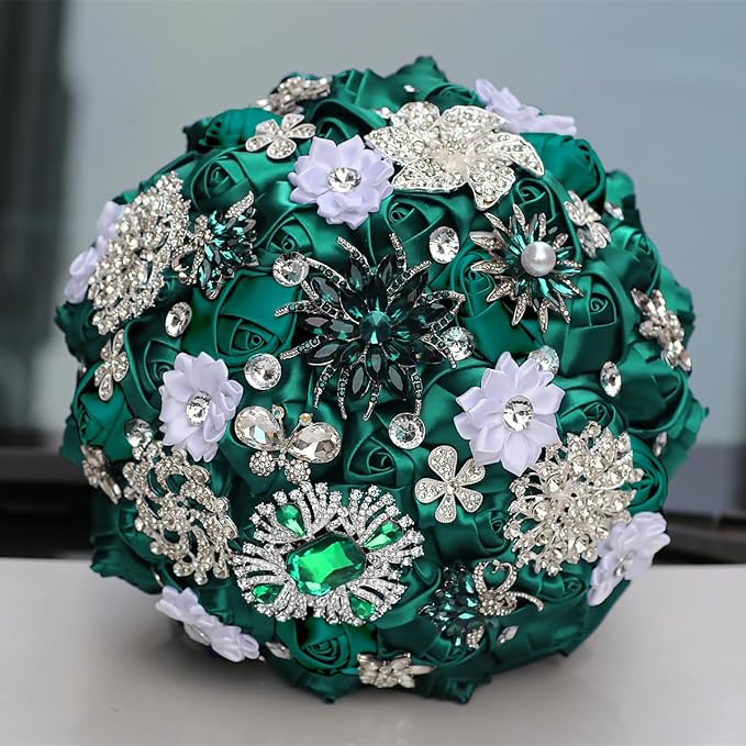 Emerald Green Bridal Bouquet with Luxury Bling Rhinestone Green Brooch Wedding Bouquet for Bride Bridesmaid Quinceanera Satin Rose Flower Bouquet Wedding 9.5in