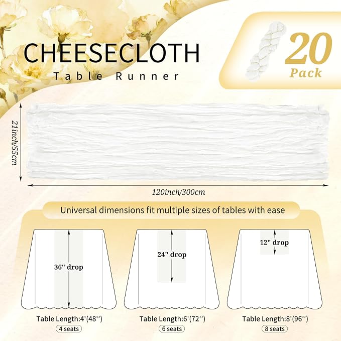 20 Pack Ivory White Cheesecloth Table Runner 10FT Boho Gauze Cheese Cloth Table Runners Romantic Rustic Sheer Table Decorations for Wedding Party Baby Shower Birthday Holiday Home