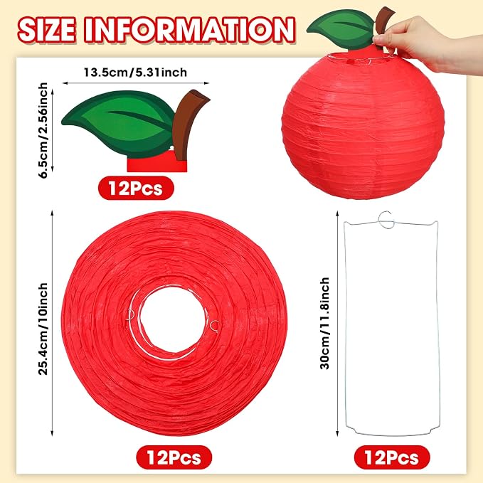Retisee 12 Pcs 10 Inch Back to School Decoration Red Apple Hanging Paper Lanterns First Day of School Party Decor for Kindergarten Preschool Classroom Ceilings Decor Birthday Supplies