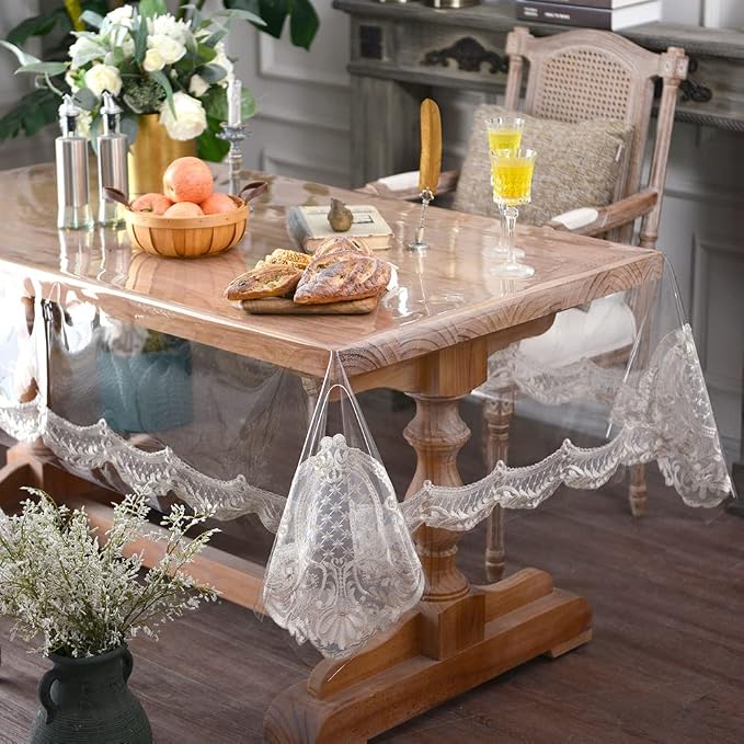 ARTABLE Vinyl PVC Rectangle Tablecloth Waterproof Clear Table Cover with Champagne Lace Macrame Border for Wedding Kitchen Home Outdoor Indoor Holidays Party Decor (Stone, 60 x 84 Inch)