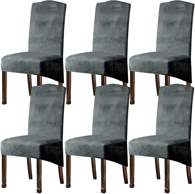Velvet Plush XL Dining Chair Covers, Stretch Chair Slipcover, Spandex High Chairs Protector Covers Seat Slipcover with Elastic Band for Dining Room,Wedding, Ceremony, Banquet (Light Grey, Set of 6)