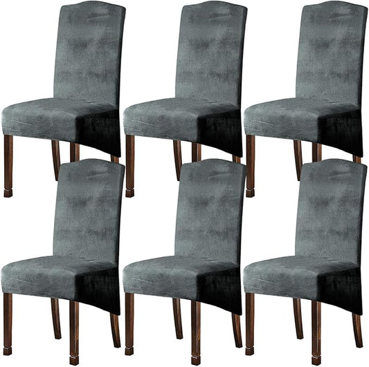 Velvet Plush XL Dining Chair Covers, Stretch Chair Slipcover, Spandex High Chairs Protector Covers Seat Slipcover with Elastic Band for Dining Room,Wedding, Ceremony, Banquet (Light Grey, Set of 6)