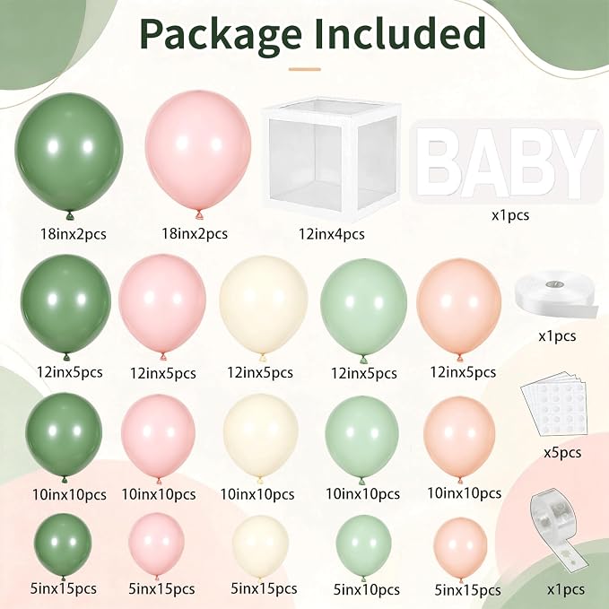 Pink and Green Balloon Baby Shower Decorations for Girl, Sage Light Green Pink Ivory Orange Balloon Arch Kit Baby Boxes with Letters for Gender Reveal Wedding Girl Birthday Boho Floral Party Decor