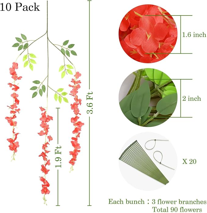 BLEUM CADE Artificial Wisteria Hanging Flowers, 10 Pcs Red, 3.6Ft/Pcs, Decorative Plant Garland for Home, Wedding, Party Decorations