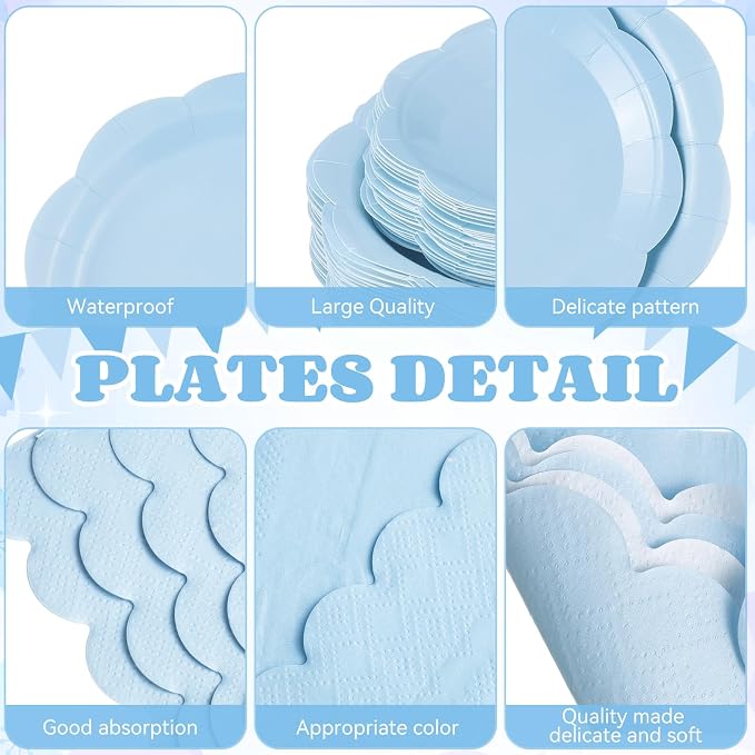 Funnymoom 452 Pcs Light Blue Party Supplies for 50 Guests, Baby Blue Scalloped Paper Plates Napkins Cups Plastic Tablecloth Cutlery Straws for Baby Bridal Shower, Birthday Wedding Party Decoration