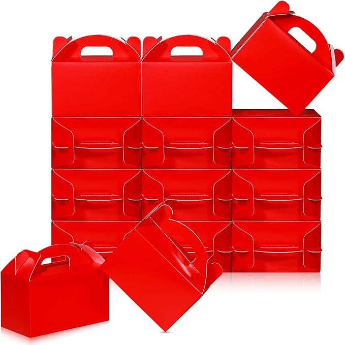 36 Pcs Party Favor Treat Boxes, Goodie Candy Gable Paper Gift Boxes with Handles for Birthday Wedding Shower Christmas Party Supplies, 6 x 3.5 x 3.5 Inches(Red)