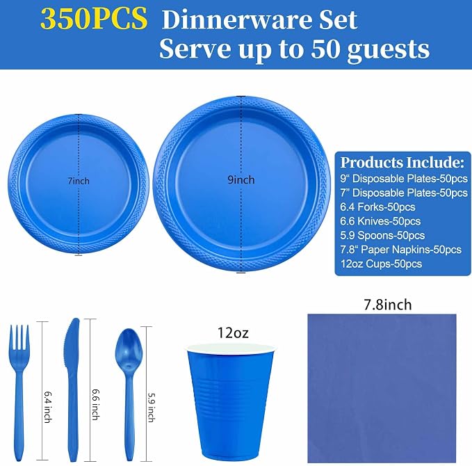 MirthMood 350 Pieces Blue Party Supplies, Disposable Dinnerware Set, Including Blue Plastic Plates and Napkins, Plastic Cutlery and 12OZ Cups,Serve 50 Guests for Party & Birthday