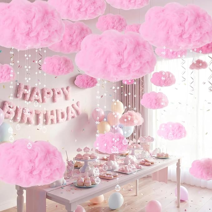 Marsui Artificial Cloud Props LED Hanging Pink Light String Fake Imitation 3D Cotton Cloud Classroom School Decor Raindrop for Room Ceiling Baby Shower Party Wedding Nursery Wall DIY Decor(4 Pcs)