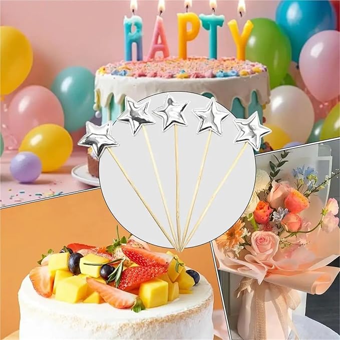 Durable 200pcs Solid Star Birthday Cake Topper Birthday Cake Toppers For Boys Food-grade Food Cake Decor Stake Safe Glitter Cake Decoration(Silver)