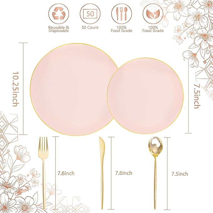 I00000 150 PCS Pink Plastic Plates for Party,Heavy Duty Pink Disposable Plates,Gold Dinnerware Set Include 30 Dinner Plates,30 Dessert Plates,30 Gold Plastic Silverware Set for Mother's Day