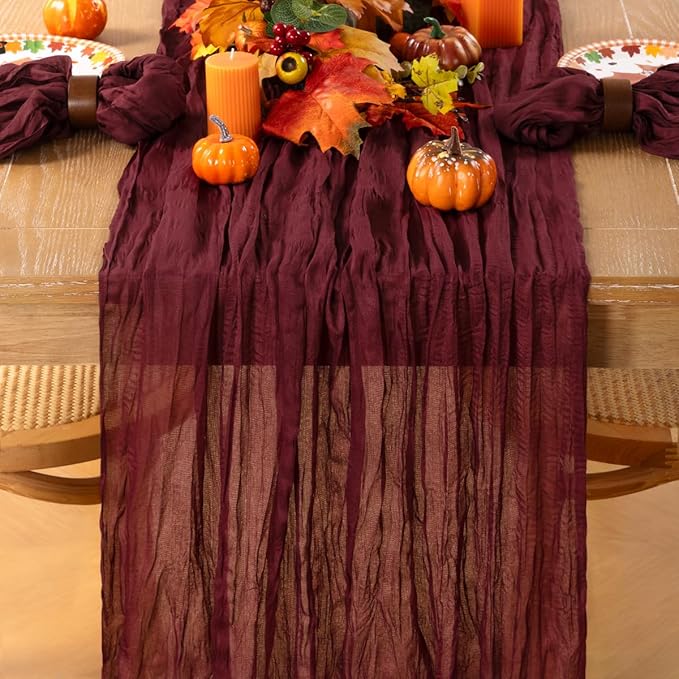 MLMC 8 Pack Burgundy Cheesecloth Table Runner Boho Rustic Gauze Wine Red Cheese Cloth Table Runner Cheese Cloth Centerpiece Decor 35x120 Inches for Wedding Reception Anniversary Home Decor