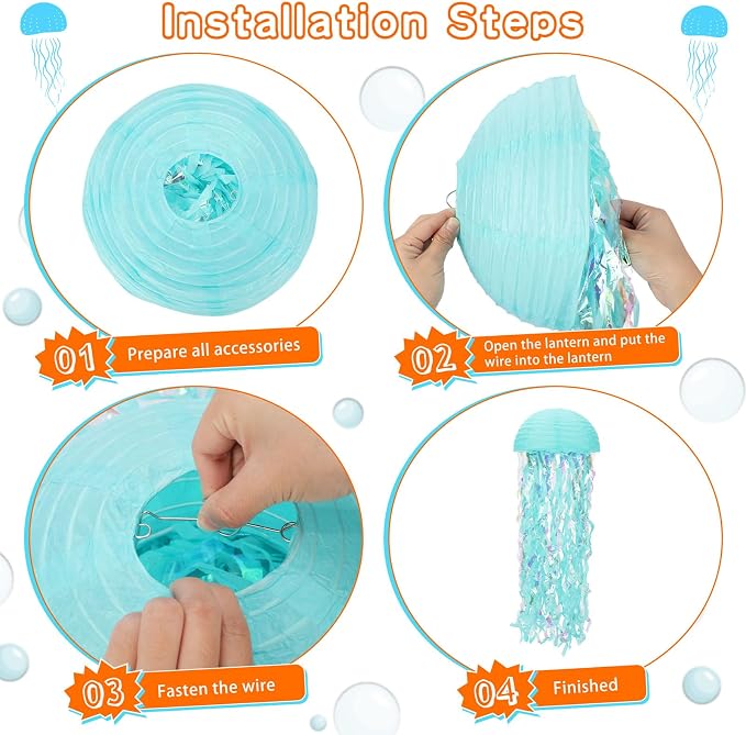 Baquler 12 Pack Jellyfish Paper Lanterns Blue Hanging Lanterns Under the Sea Party Decor Mermaid Ocean Themed Birthday Decorations for Baby Shower Nautical Pool Party