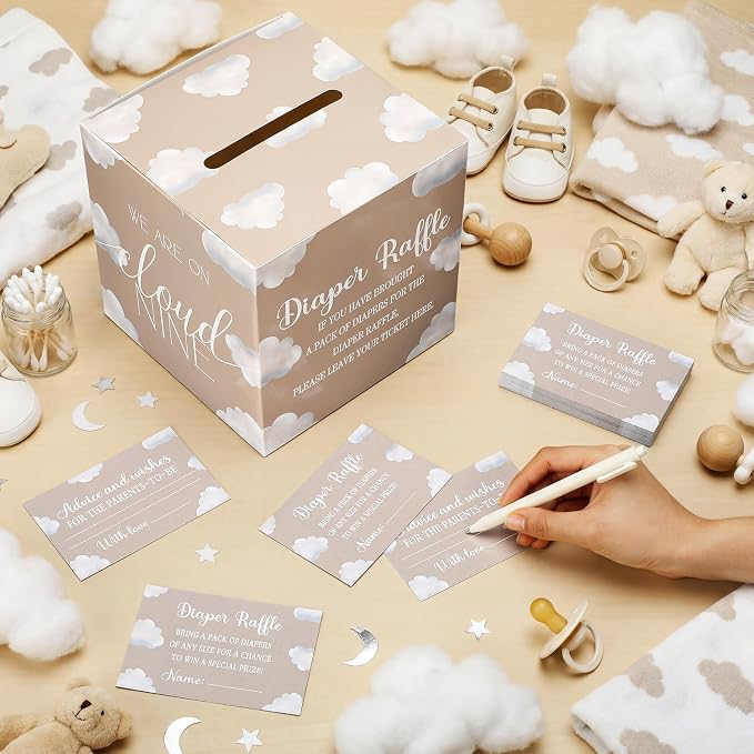 Teling 51 Pieces Diaper Raffle Tickets with Card Box Baby Shower Decorations Gender Reveal Holder Box for Girl Boy Diaper Raffle Party(Cloud 9 Style)