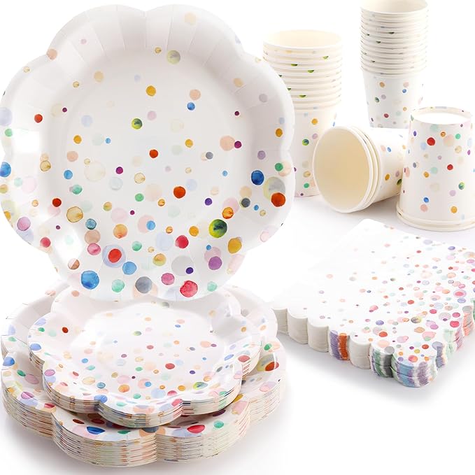 Colorful Birthday Plates and Napkins 200PCS Confetti Happy Birthday Party Plates Set Disposable Tableware Serve 50 for Art Paint Party Supplies Bubble Decorations-Colorful Paper Plates