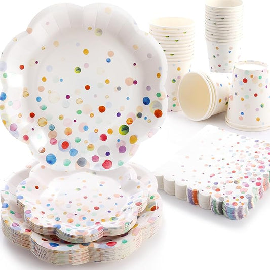 Colorful Birthday Plates and Napkins 200PCS Confetti Happy Birthday Party Plates Set Disposable Tableware Serve 50 for Art Paint Party Supplies Bubble Decorations-Colorful Paper Plates