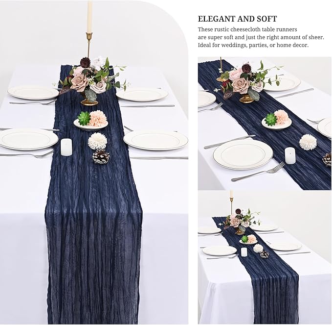 24 Pack Navy Blue Cheesecloth Table Runner 120 inch Fall Thanksgiving Boho Rustic Gauze Farmhouse 10FT Cheese Cloth Runner for Baby Shower Wedding Party Holiday Home Decor