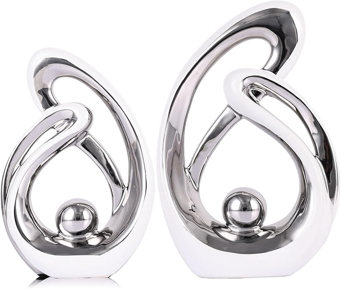 Home Decor Accent,Porcelain Art Mid Century Bookshelf Decorations,Gold Centerpieces for Tables,Abstract Ceramic Statue Sculpture for Coffee Table Mantel Tv Stand Centerpieces (White Silver, Small)