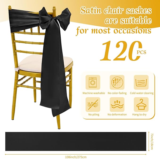120 PCS Black Chair Sashes, Ties Bows Designed Sashes for Washable Reusable Chair Covers Supplies for Wedding Reception Events Banquets Party Hotel Event Aisle Decorations (7 x 108 inch)