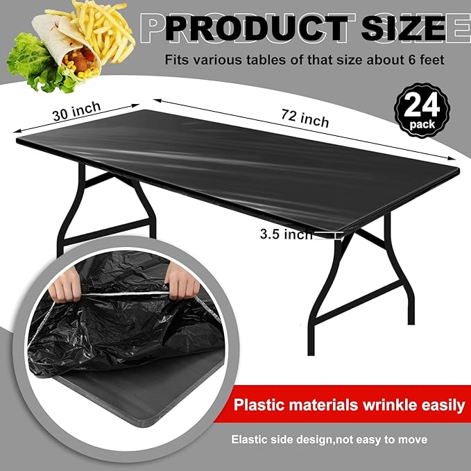 Boao 24 Pcs Black Plastic Rectangular Tablecloths, 6 Ft, 72 x 30 Inch, Windproof, Waterproof, Elastic Fitted, Disposable & Reusable, Ideal for Indoor/Outdoor, Camping, Picnic, Parties