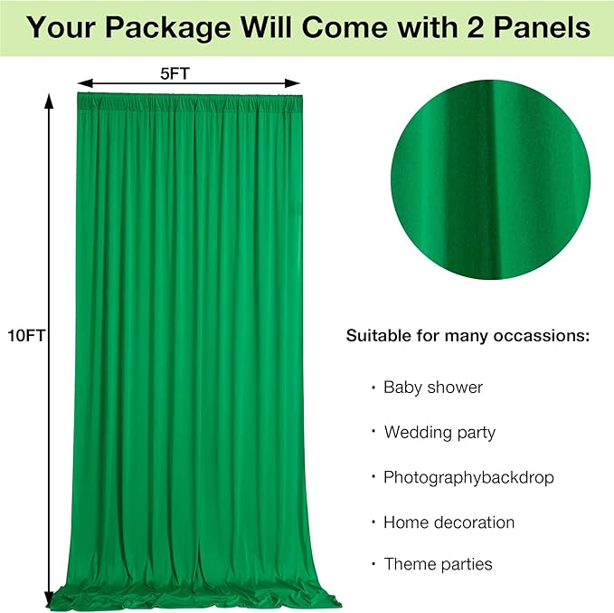 10ftx10ft Wrinkle Free Green Backdrop Curtains for Parties, Silky Polyester Photo Backdrop Drapes 2 Panels 5x10ft Back Drop Cloth for Wedding Birthday Baby Shower Photography Background