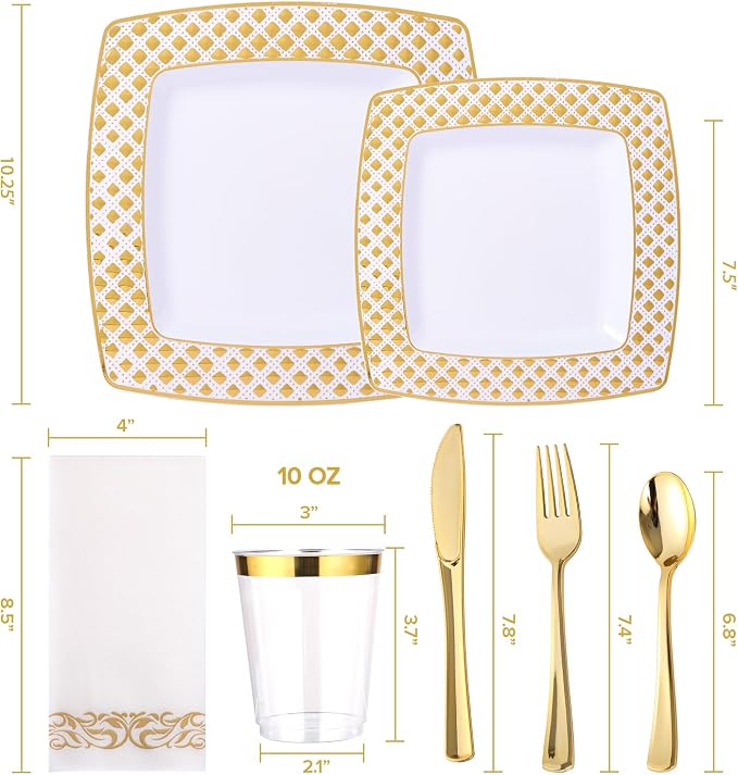 FOCUSLINE 175 Ct Gold Dinnerware Set for 25 Guests - Square Plastic Plates with Diamond Rim, Including 25 Disposable Dinner & Dessert Plates, Napkins, Cups, Cutlery