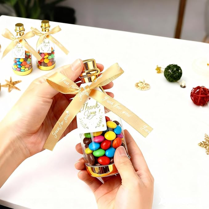 36PCS Mini Champagne Bottle Candy Container Shaped Jars Gold Plastic DIY Favor Candy Bottle Wedding Party Favor Containers, Comes with Card and Bow Ribbon