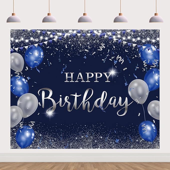 Happy Birthday Banner Backdrop for Men Boys Navy Blue and Silver Party Decorations Background Poster for Women Girls Supplies Polyester Fabric Indoor Outdoor 8x6ft