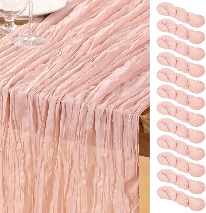 DeZerlor Pink Cheesecloth Table Runner 12 Pack Spring Easter Table Runners Boho Gauze 120 Inches Light Pink Cheese Cloth Table Decor for Wedding Bridal Baby Shower Parties
