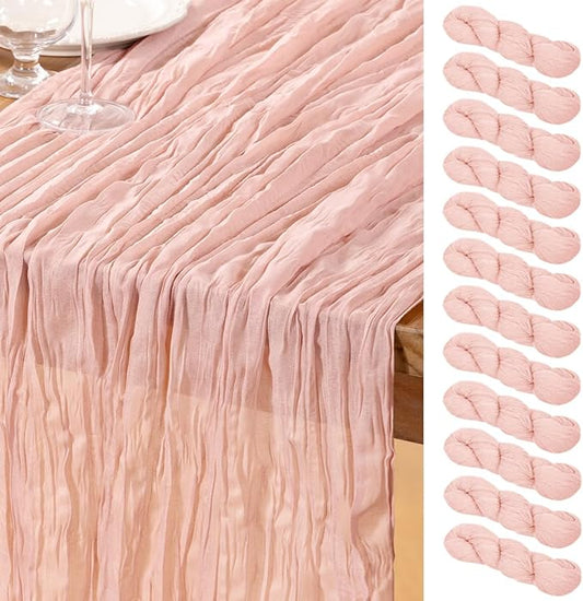 DeZerlor Pink Cheesecloth Table Runner 12 Pack Spring Easter Table Runners Boho Gauze 120 Inches Light Pink Cheese Cloth Table Decor for Wedding Bridal Baby Shower Parties
