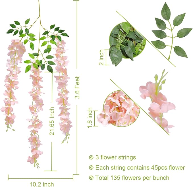 U'Artlines 24 Pack(Total 43.2 Feet) Artificial Fake Wisteria Vine Rattan Hanging Garland Silk Flowers String Home Party Wedding Decor (24, Light Pink)