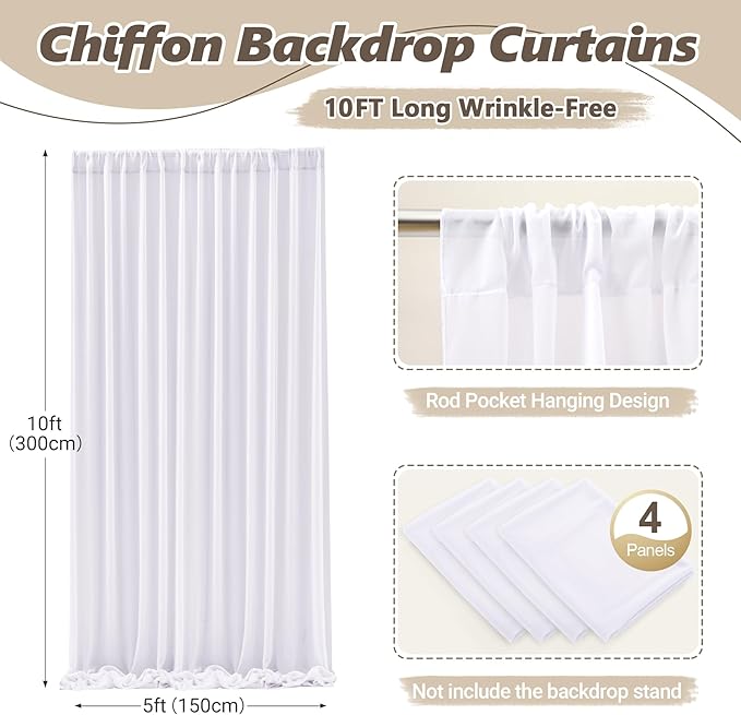 20ft x 10ft White Chiffon Backdrop Curtains, Wrinkle-Free Sheer Chiffon Fabric Photo Curtain Drapes for Wedding Ceremony Arch Party Stage Photography Decorations