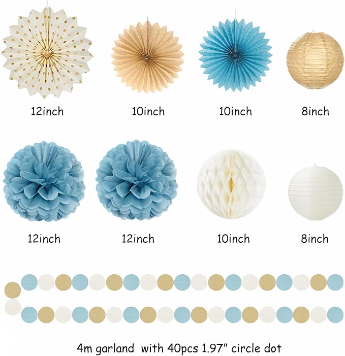 Light-Dusty Blue Beige-Champagne Birthday Party-Decorations - 19pcs Boho Neutral Streamers Banner,Paper Star Garland Lanterns Honeycomb Fan,Tissue Pom Poms,Wall Ceiling Backdrop Supplies Ouruola