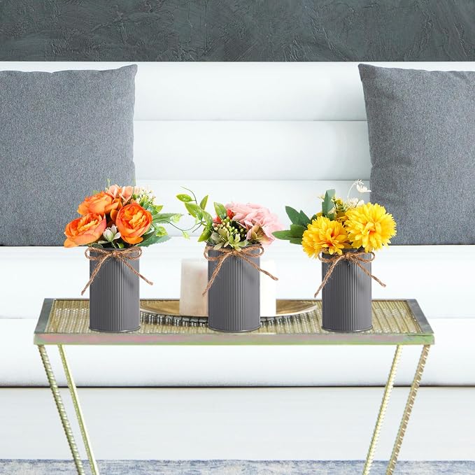 Rustic Vase for Table Centerpieces 4.33 Inch Small Petite Flower Vase with Twine Bow Vintage Farmhouse Decor for Wedding Reception Dining, Home Galvanized Metal Buckets(Gray,24 Pcs)