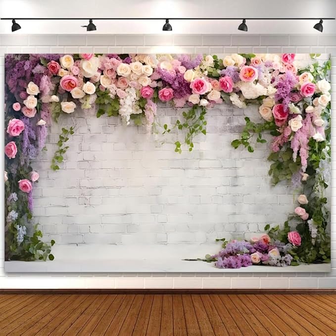 9x6ft Retro White Brick Wall Floral Backdrop Romantic Roses Vine Leaves Photography Background Girls Birthday Party Wedding Bridal Shower Flowers Brick Wall Decoration Supplies Photo Booth Props