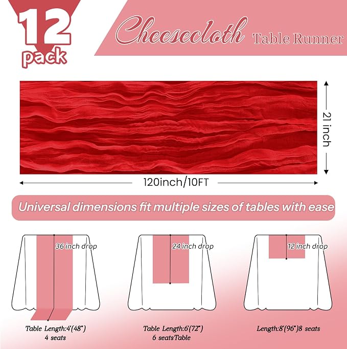 12 Pack Red Cheesecloth Table Runner 21x120 Inches, Boho Gauze Rustic Semi Sheer Cheese Cloth Table Runners for Easter Spring Wedding Bridal Baby Shower, Birthday Party, Long Farmhouse Table Decor