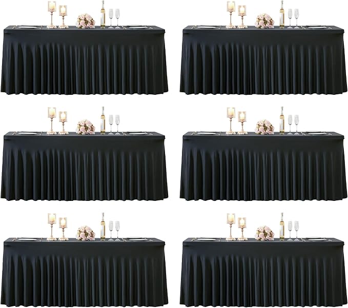 6 Pack 8ft Black Spandex Tablecloths for Rectangle Tables Wrinkle Free Black Rectangle Table Cloths, Stretch Fitted Table Cover with Skirt for Wedding Birthday Party Banquet Baby Shower Buffet Event