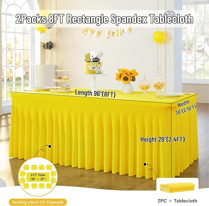 leegleri 2 Pack Yellow Spandex Fitted Table Clothes for 8 Foot Rectangle Tables, Wrinkle Free 8ft Spandex Table Cover, Spandex Table Skirt for 8FT Rectangle Tables-for Banquet Weddings Parties