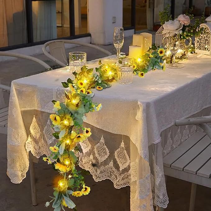 7.5FT Artificial Sunflower Garland with 30 Lights Silk Sunflower Vine Fake Flowers Summer Garland Prelit Lights for Mantle Baby Shower Wedding Arch Front Door Porch Staircase Decor (1 Pcs)