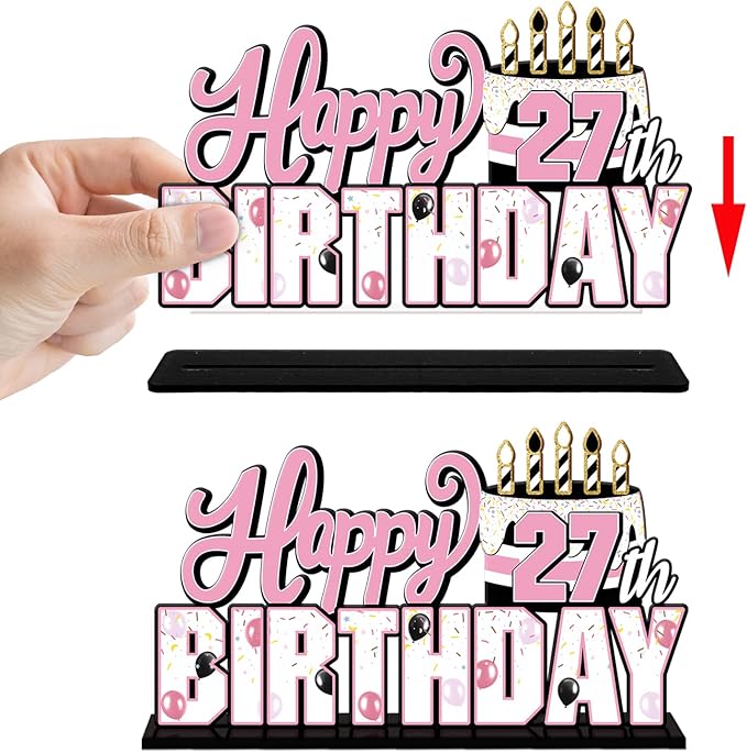 LINGTEER Happy 27th Birthday Pink Acrylic Table Topper Centerpieces Set - Cheers to 27 Years Old Birthday 27th Bday Party Gift Decorations.