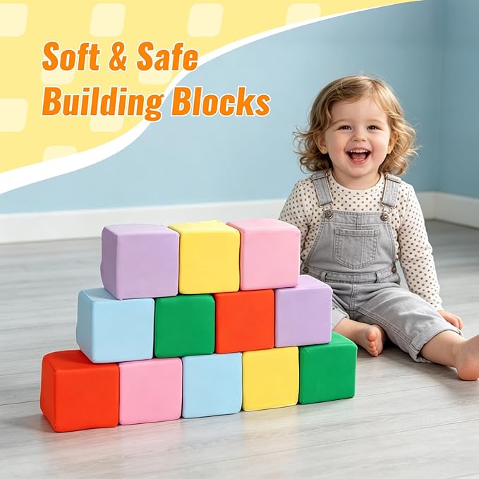 12-Pack 5 Inch Foam Cubes, Soft Play Pit Fillers for Indoor Games, Trampoline & Rock Climbing Mats - 6 Colors (Yellow/Green/Blue/Pink/Purple/Orange)