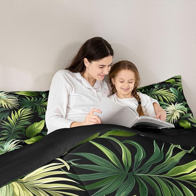 Feelyou Tropical Leaves Comforter Set Queen Size Kids Palm Tree Print Comforter for Boys Girls Teens Leaf Pattern Bedding Set Botanical Leaf Branches Duvet Set Botanical Quilt