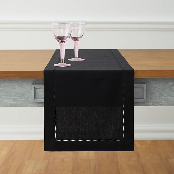 Solino Home Cotton Linen Black Table Runner 120 Inches Long - Hemstitch 14 x 120 Inch Table Runner for Spring, Summer, Mothers Day