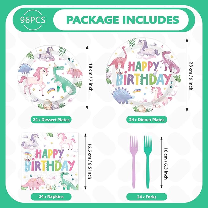 96Pcs Dinosaur Unicorn Birthday Party Decorations Dinosaur Unicorn Birthday Plates and Napkins Set Rainbow Dino Decoration for Girls Princess Magical Pastel Pink Rainbow Bday Party Supplies Serves 24