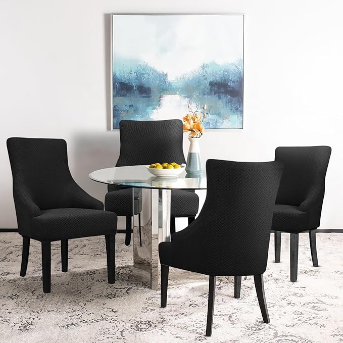 Lellen Velvet Stretch Wingback Chair Cover Slipcover - Reusable Protector Cover for Dining Room Banquet Home Decor etc Machine Washable Hand Washable (01 T-Shaped Twill Black, 4PC)