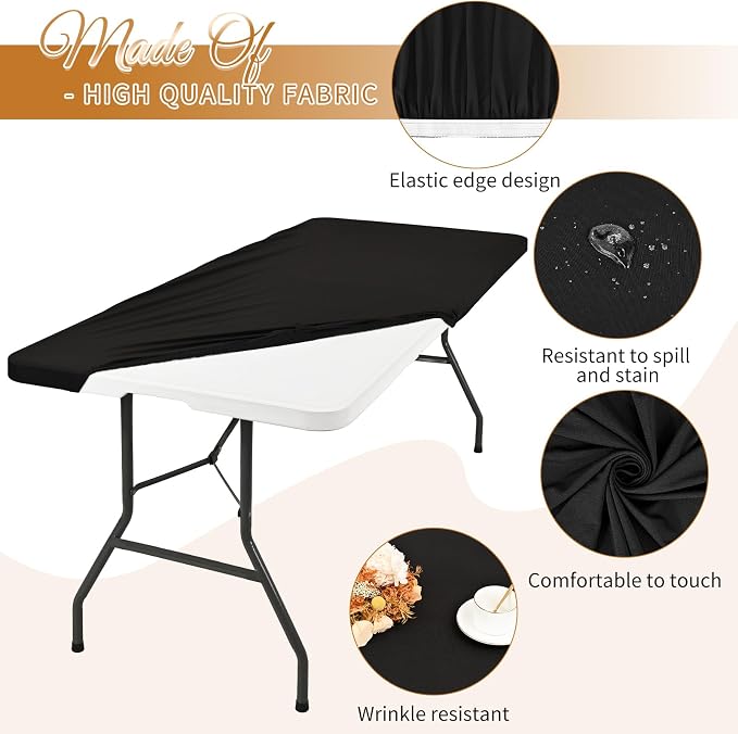 12 Pack Stretch Fabric Table Top Cap Cover, fits 6FT Tables, Black Spandex Table Covers Elastic Universal Rectangle Tablecloth Protector for Indoor Outdoor Party Picnic (Black, 30" W x 72" L)