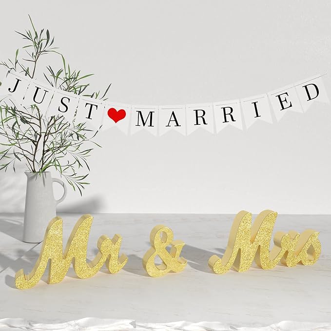 VIOPVERY Mr and Mrs Sign & Just Married Banner,Mr & Mrs Signs for Wedding Table,Large Wooden Letters for Sweetheart Table,Photo Props Wedding decorations for Anniversary,Gold