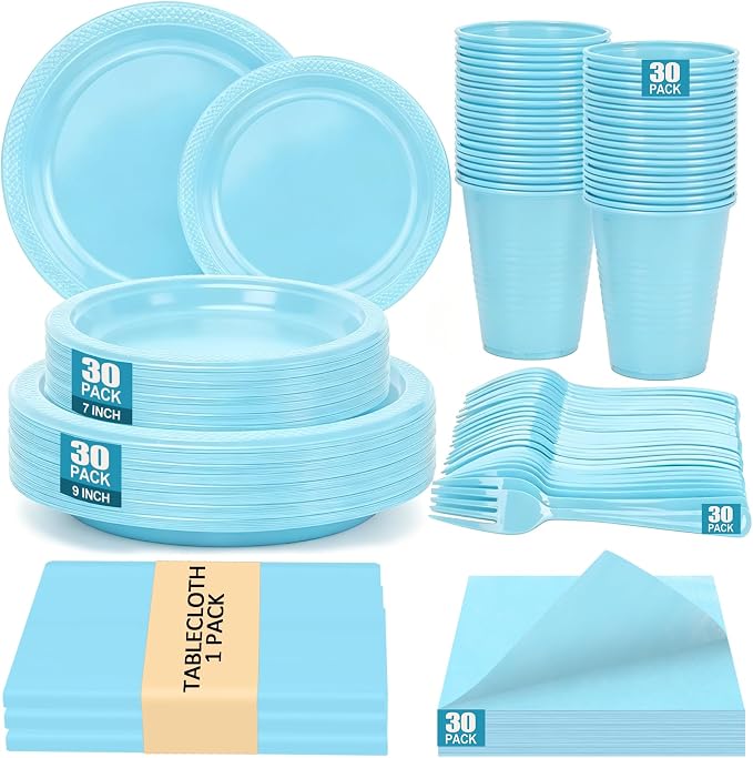Light Blue Plastic Plates for Party,30 Guest Disposable Blue Party Supplies Including Dinner&Dessert Plate,12oz Cups,Cutlery,Napkins & Tablecloth Dinnerware Decorations for Baby Shower Birthday