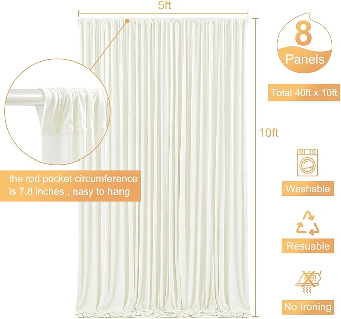 8 Panels Ivory Backdrop Curtain for Wedding Parties Wrinkle Free Ivory Photo Curtains Backdrop Drapes Fabric Decoration for Baby Shower Photography 40ft(W) x 10ft(H)